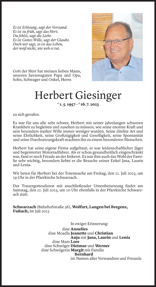  Todesanzeige für Herbert Giesinger vom 19.07.2023 aus Vorarlberger Nachrichten