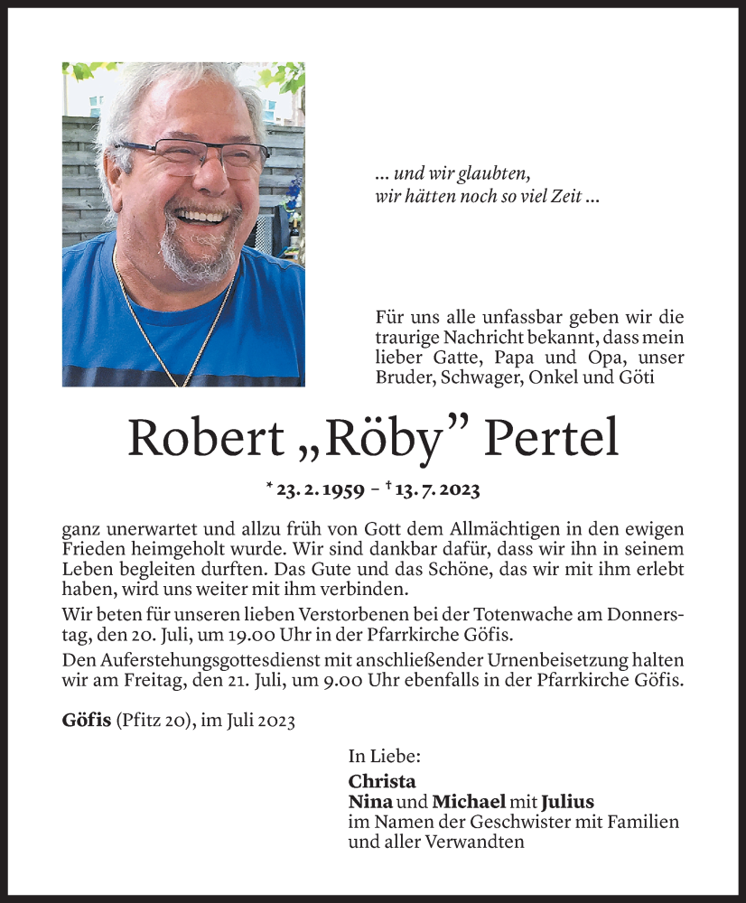  Todesanzeige für Robert Pertel vom 18.07.2023 aus Vorarlberger Nachrichten