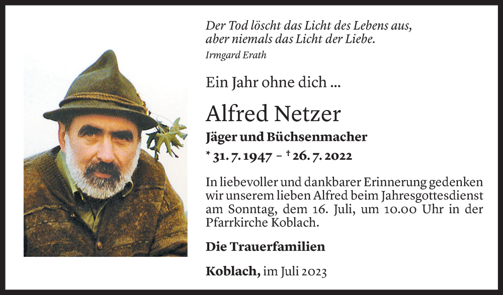  Todesanzeige für Alfred Netzer vom 15.07.2023 aus Vorarlberger Nachrichten