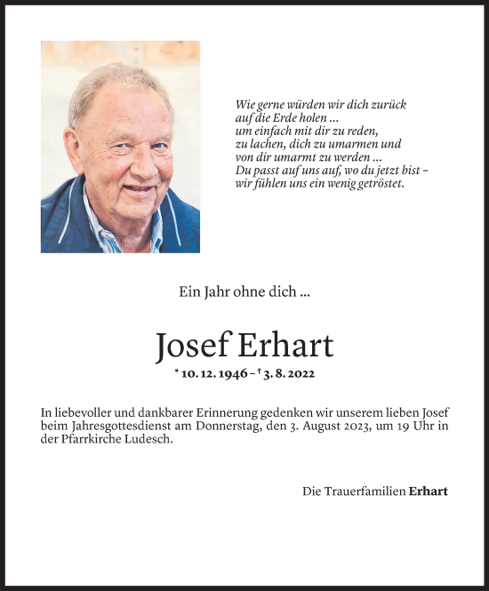 Todesanzeige von Josef Erhart von Vorarlberger Nachrichten