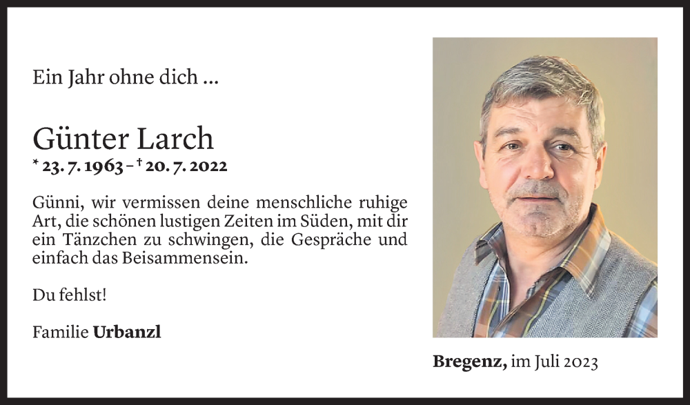  Todesanzeige für Günter Larch vom 20.07.2023 aus Vorarlberger Nachrichten