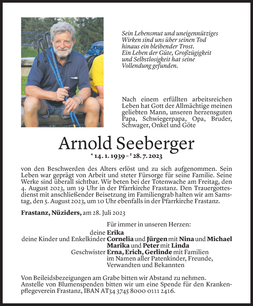 Todesanzeige für Arnold Seeberger vom 01.08.2023 aus Vorarlberger Nachrichten