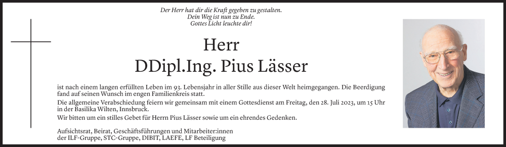  Todesanzeige für Pius Lässer vom 15.07.2023 aus Vorarlberger Nachrichten