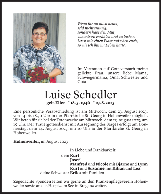 Todesanzeige von Luise Schedler von Vorarlberger Nachrichten