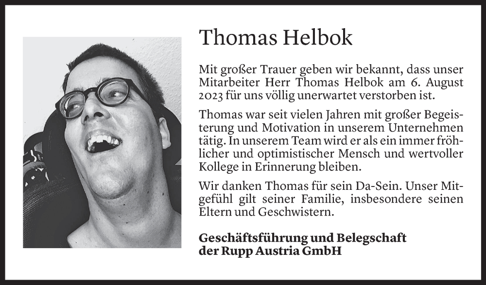  Todesanzeige für Thomas Helbok vom 07.08.2023 aus Vorarlberger Nachrichten