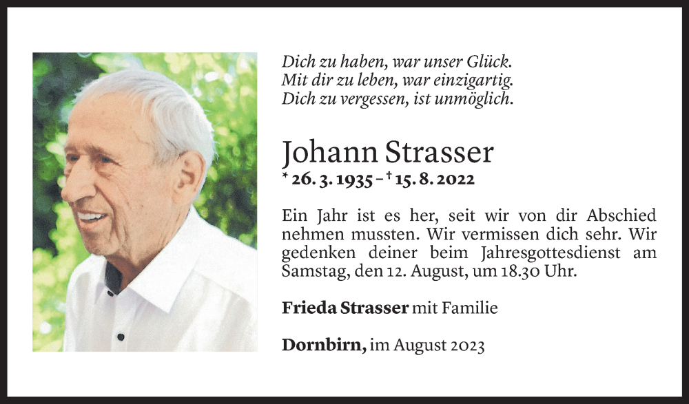  Todesanzeige für Johann Strasser vom 08.08.2023 aus Vorarlberger Nachrichten