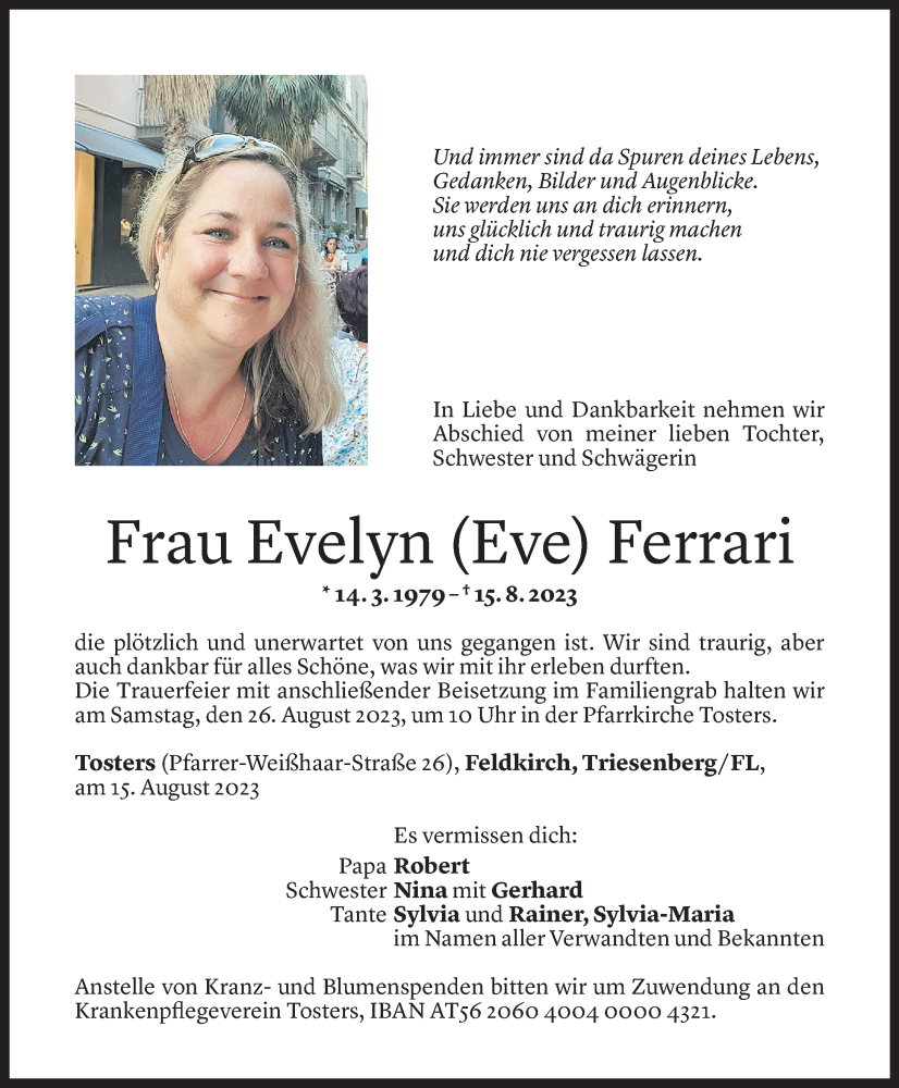  Todesanzeige für Evelyn Ferrari vom 24.08.2023 aus Vorarlberger Nachrichten