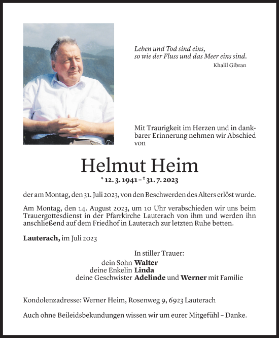 Todesanzeige von Helmut Heim von Vorarlberger Nachrichten