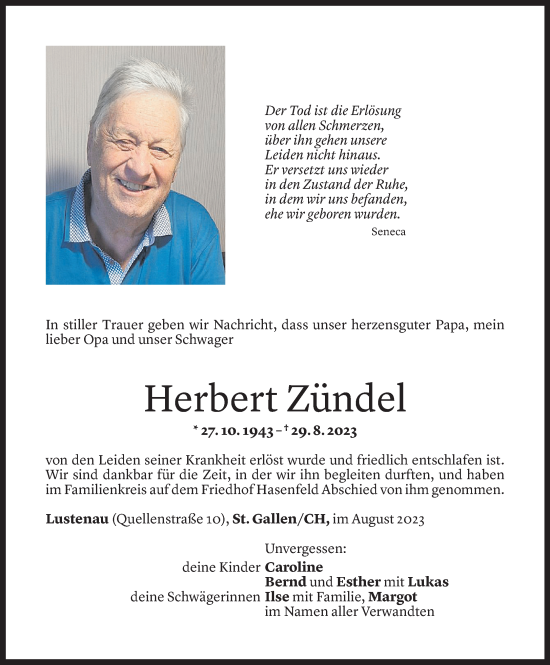 Todesanzeige von Herbert Zündel von Vorarlberger Nachrichten