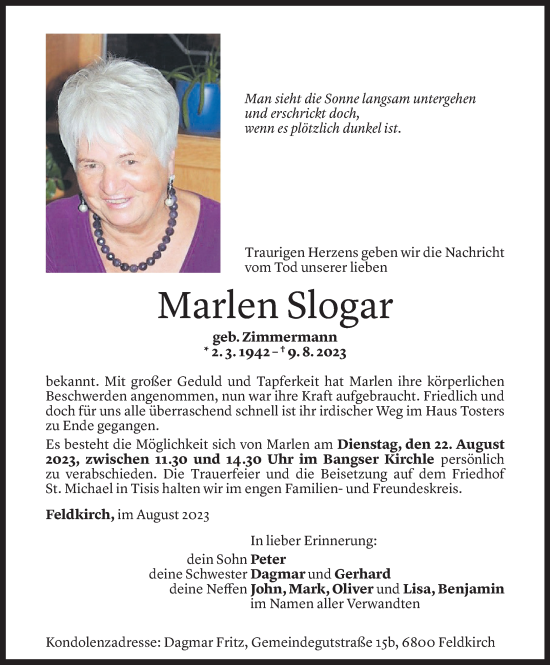 Todesanzeige von Marlen Slogar von Vorarlberger Nachrichten