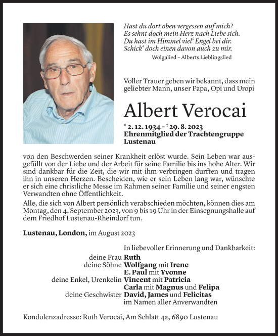 Todesanzeige von Albert Verocai von Vorarlberger Nachrichten