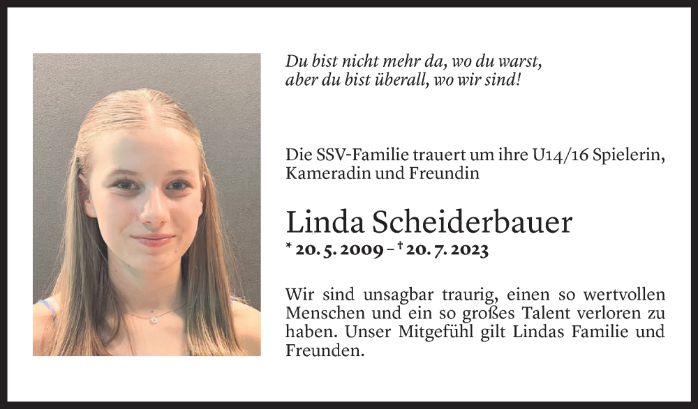  Todesanzeige für Linda Scheiderbauer vom 09.08.2023 aus Vorarlberger Nachrichten