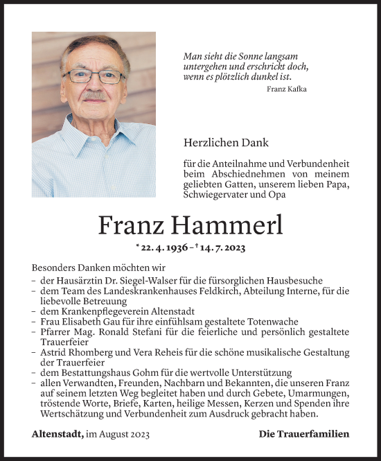 Todesanzeige von Franz Hammerl von Vorarlberger Nachrichten