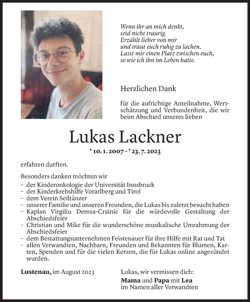 Todesanzeigen Von Lukas Lackner Todesanzeigen Vorarlberger Nachrichten