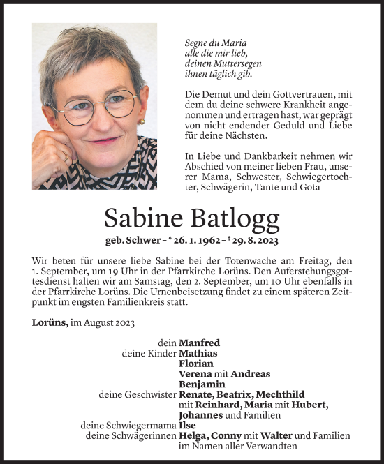 Todesanzeige von Sabine Batlogg von Vorarlberger Nachrichten