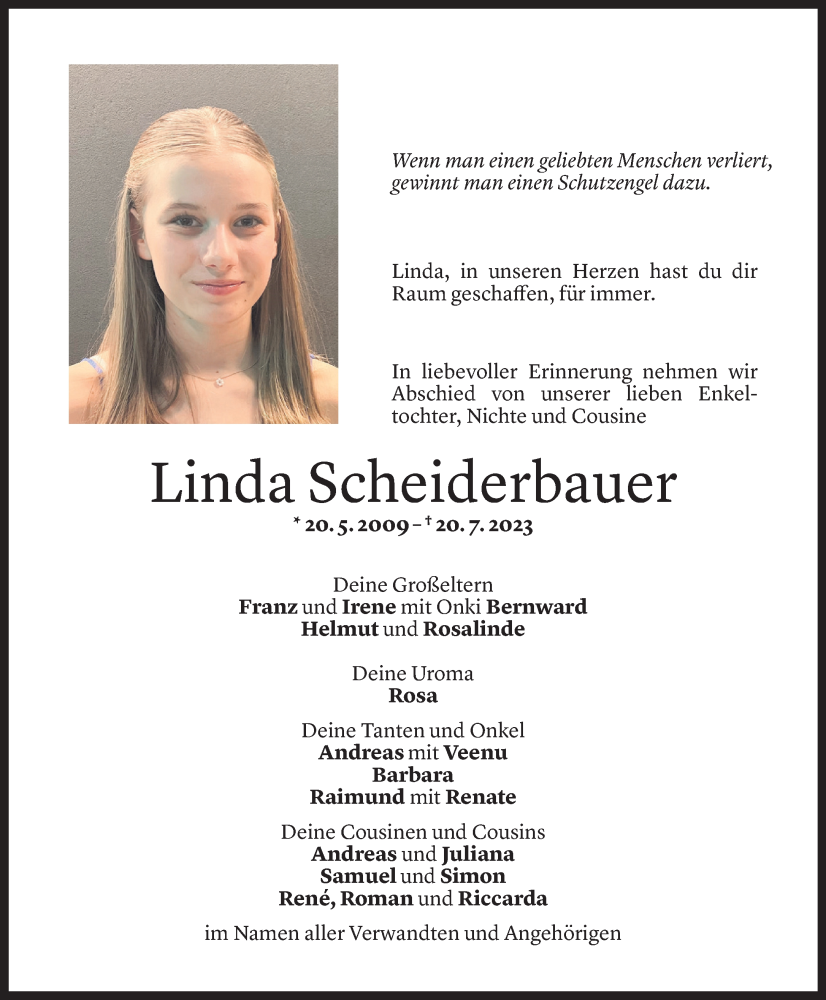  Todesanzeige für Linda Scheiderbauer vom 09.08.2023 aus Vorarlberger Nachrichten