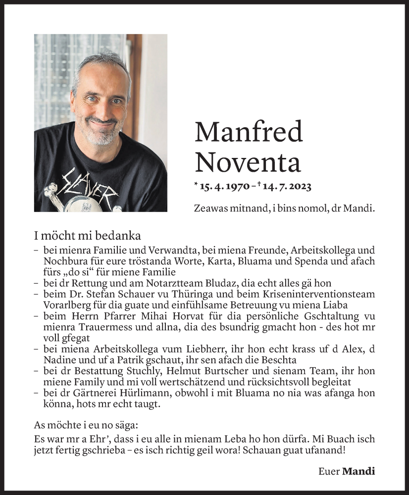  Todesanzeige für Manfred Noventa vom 11.08.2023 aus Vorarlberger Nachrichten