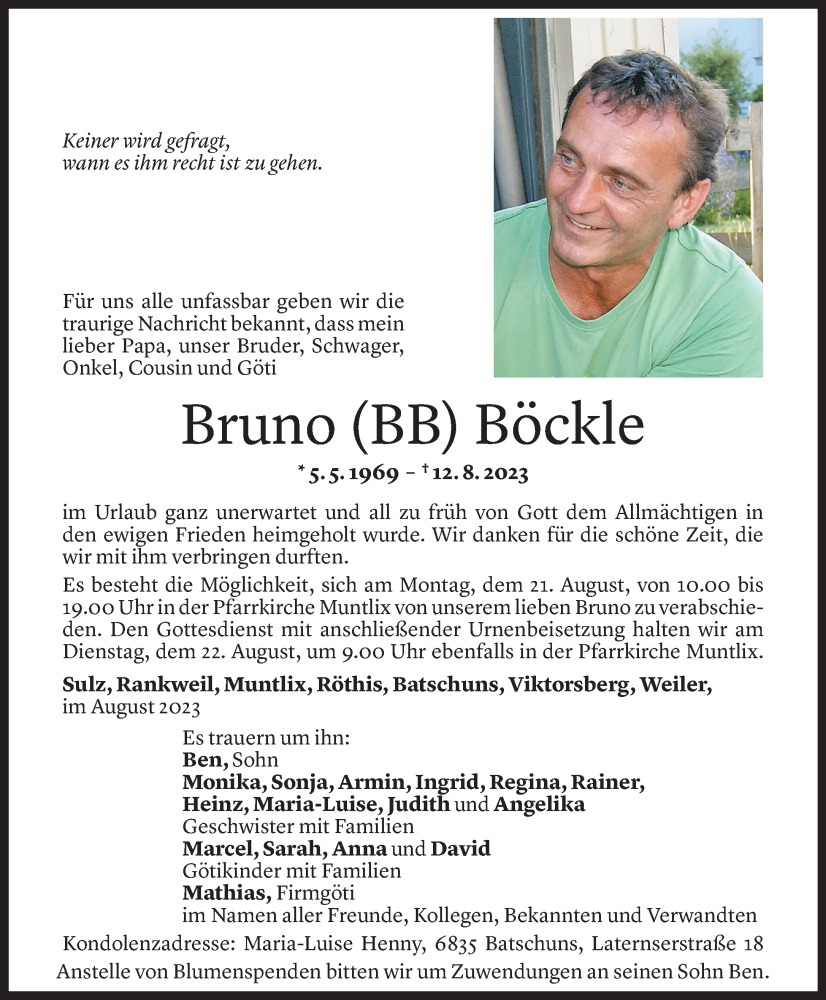 Todesanzeige für Bruno Böckle vom 18.08.2023 aus Vorarlberger Nachrichten