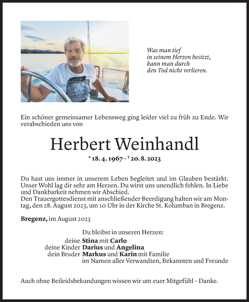  Todesanzeige für Herbert Weinhandl vom 25.08.2023 aus Vorarlberger Nachrichten