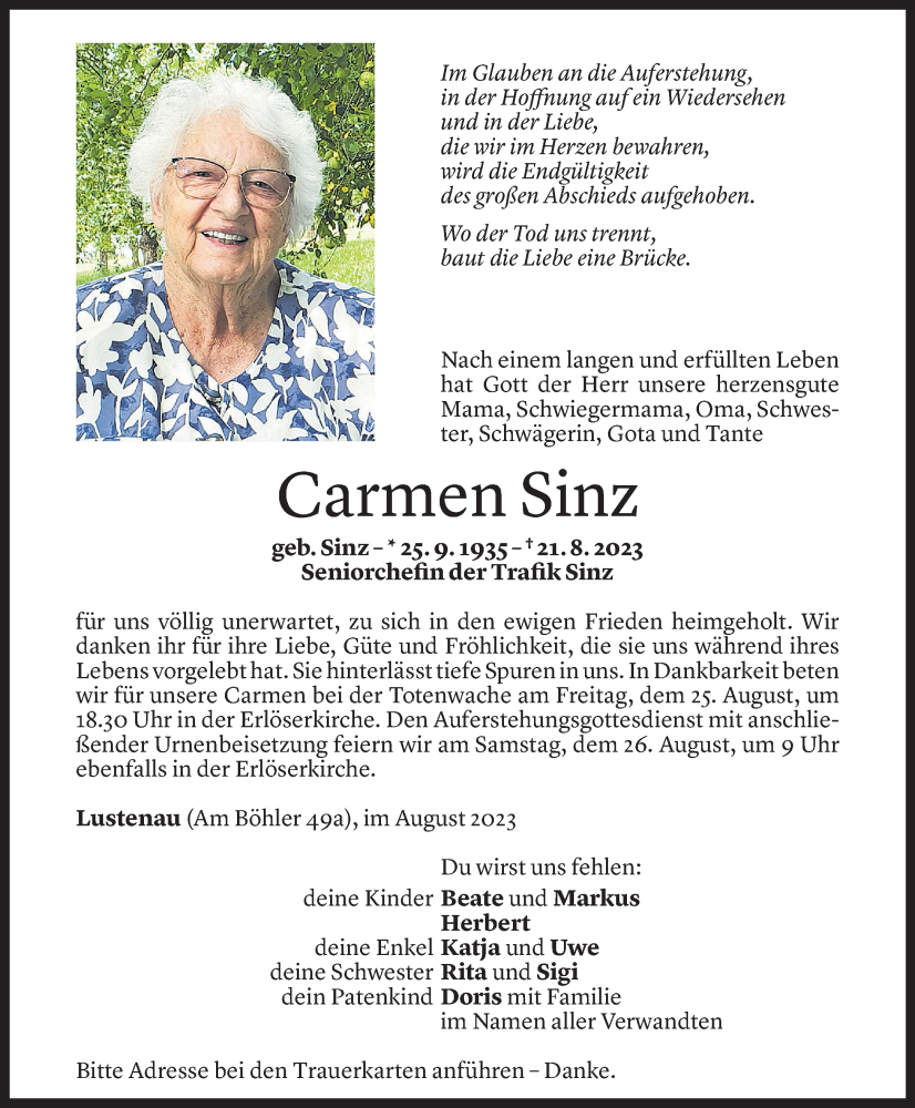  Todesanzeige für Carmen Sinz vom 24.08.2023 aus Vorarlberger Nachrichten