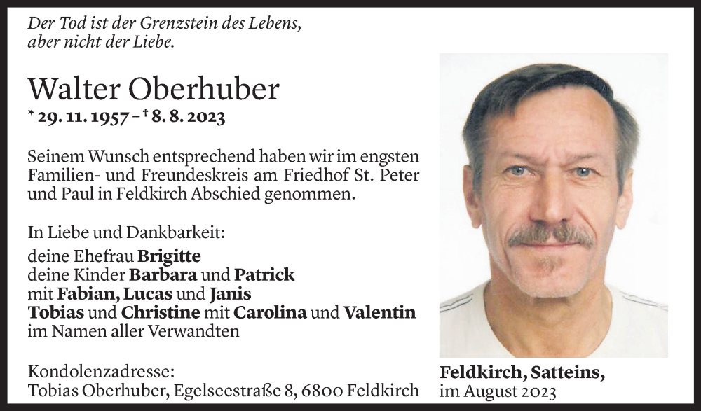  Todesanzeige für Walter Oberhuber vom 19.08.2023 aus Vorarlberger Nachrichten