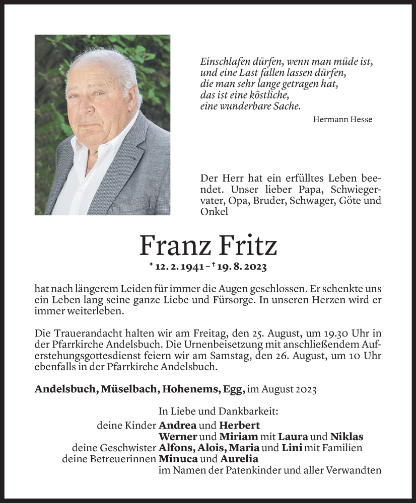  Todesanzeige für Franz Fritz vom 23.08.2023 aus Vorarlberger Nachrichten