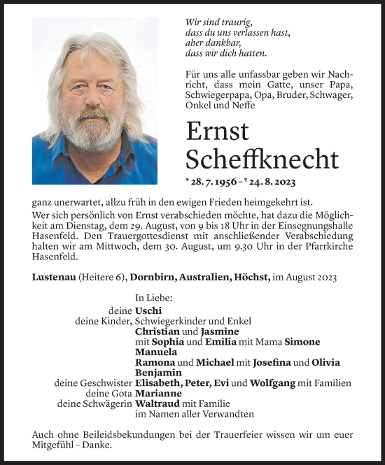 Todesanzeige von Ernst Scheffknecht von Vorarlberger Nachrichten
