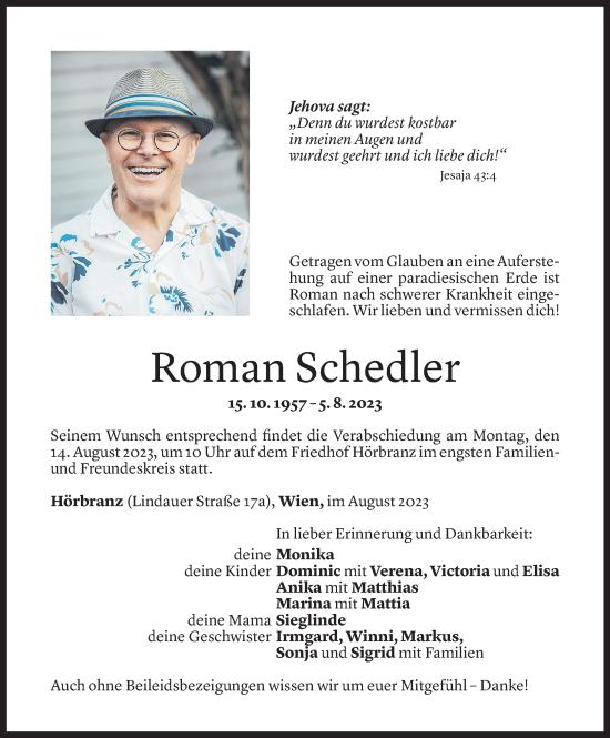 Todesanzeige von Roman Schedler von Vorarlberger Nachrichten