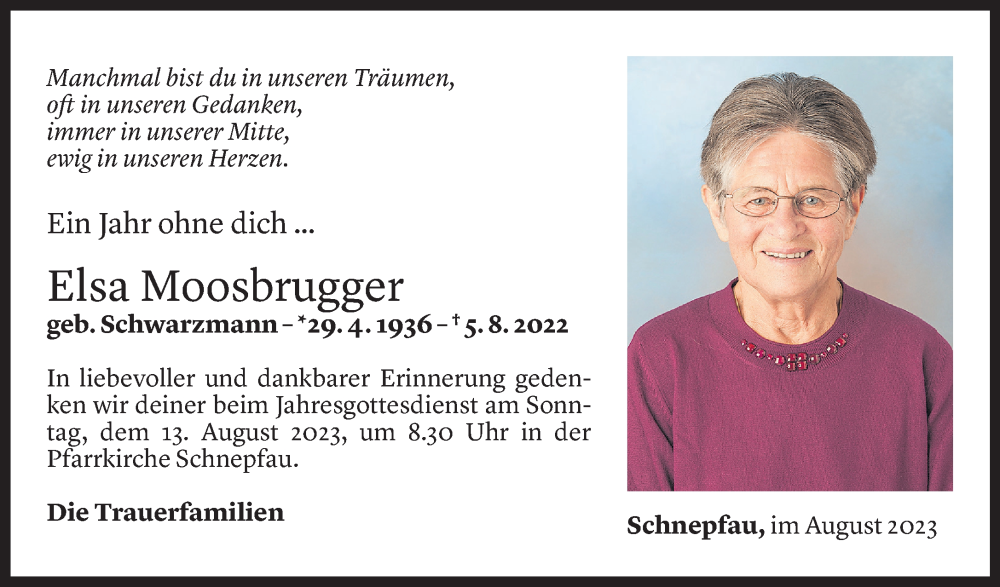  Todesanzeige für Elsa Moosbrugger vom 04.08.2023 aus Vorarlberger Nachrichten