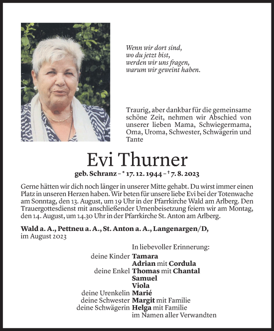 Todesanzeige von Evi Thurner von Vorarlberger Nachrichten