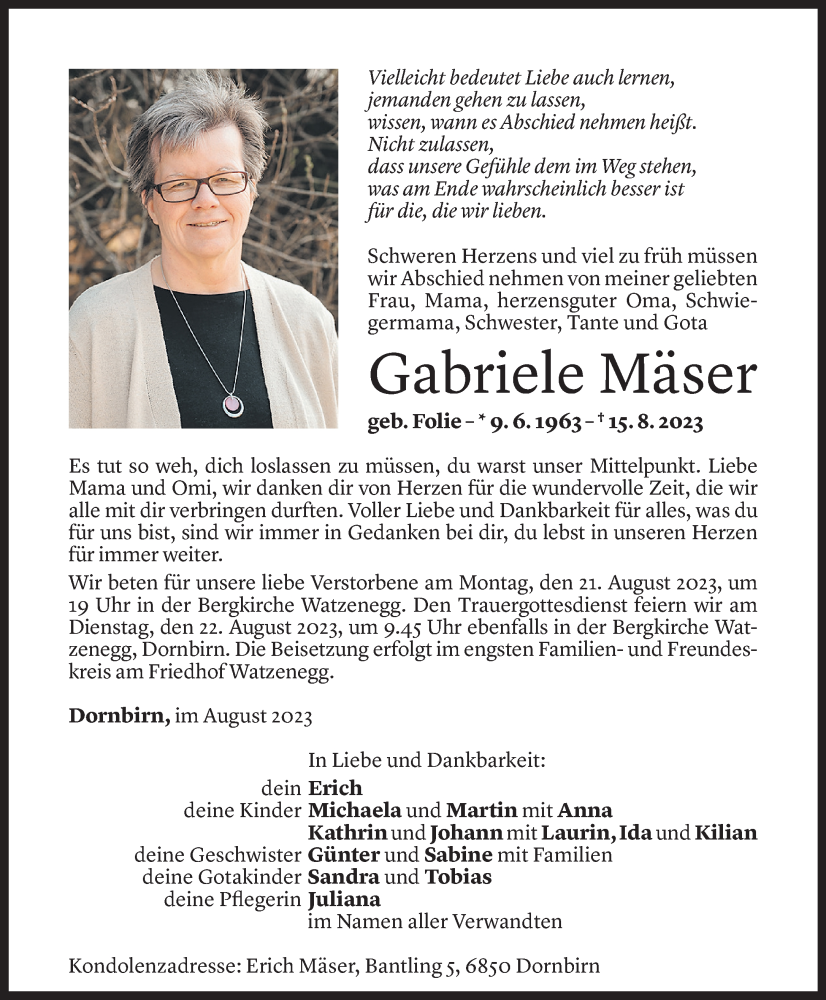  Todesanzeige für Gabriele Mäser vom 18.08.2023 aus Vorarlberger Nachrichten