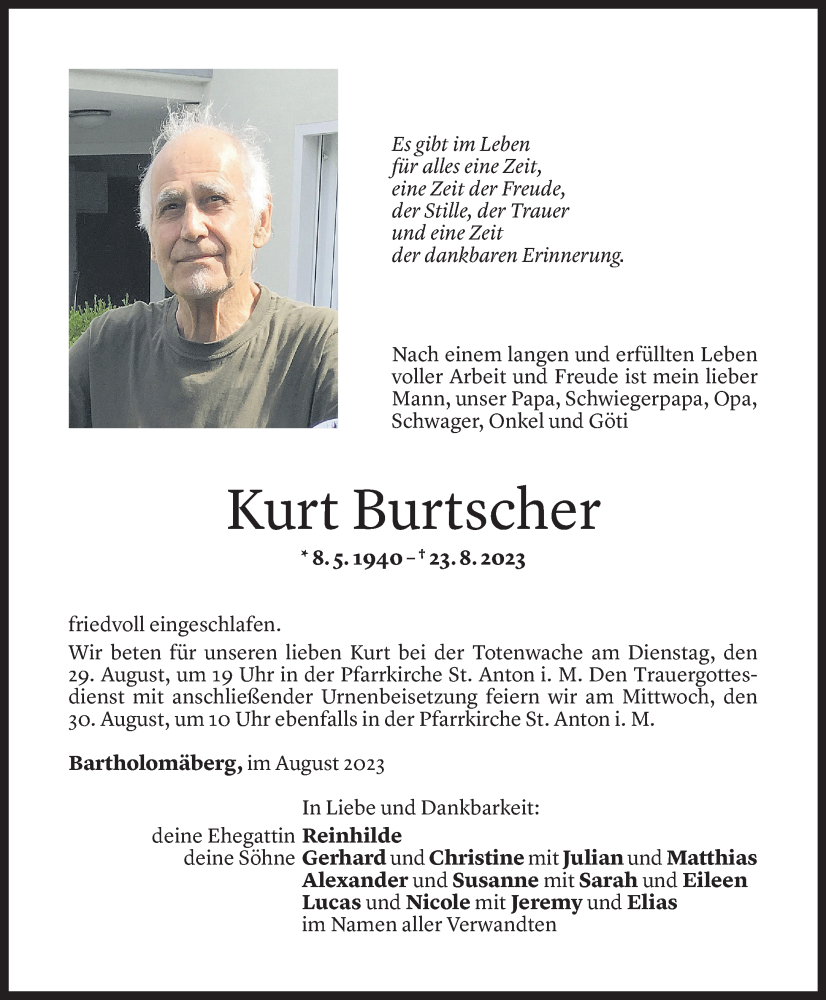  Todesanzeige für Kurt Burtscher vom 26.08.2023 aus Vorarlberger Nachrichten