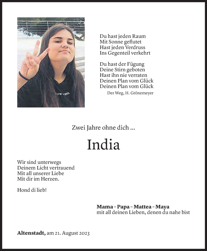  Todesanzeige für India Mara Burtscher vom 20.08.2023 aus Vorarlberger Nachrichten