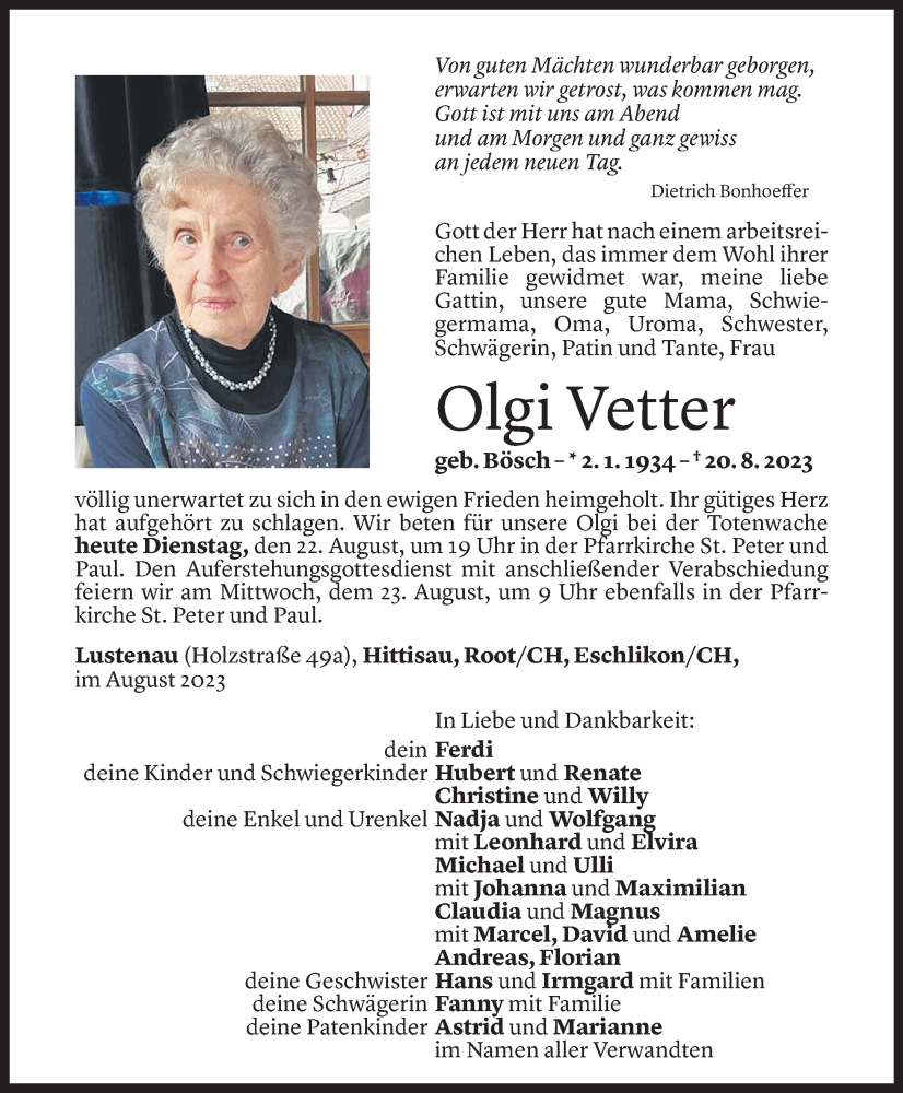  Todesanzeige für Olga Vetter vom 22.08.2023 aus Vorarlberger Nachrichten