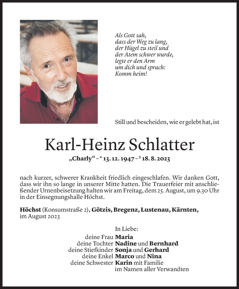  Todesanzeige für Karl-Heinz Schlatter vom 22.08.2023 aus Vorarlberger Nachrichten