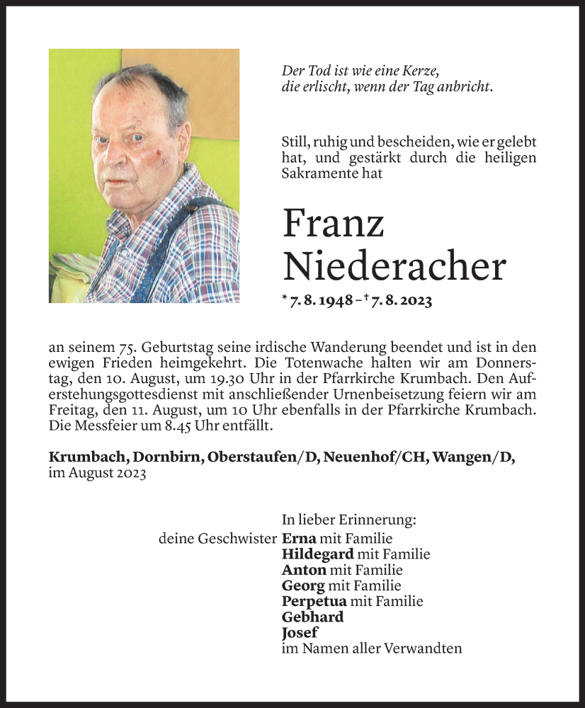  Todesanzeige für Franz Niederacher vom 08.08.2023 aus Vorarlberger Nachrichten