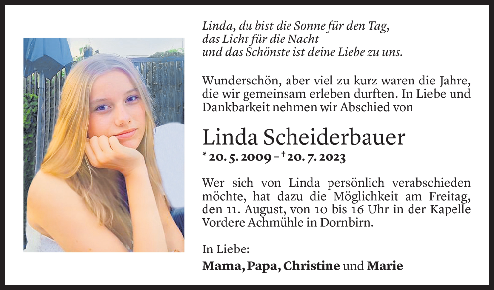  Todesanzeige für Linda Scheiderbauer vom 09.08.2023 aus Vorarlberger Nachrichten