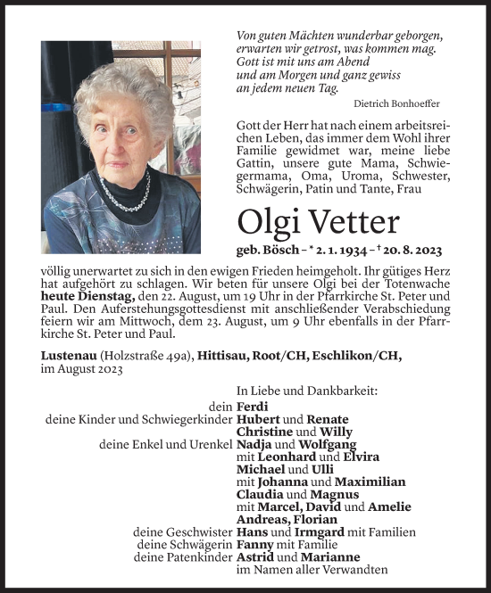 Todesanzeige von Olga Vetter von Vorarlberger Nachrichten