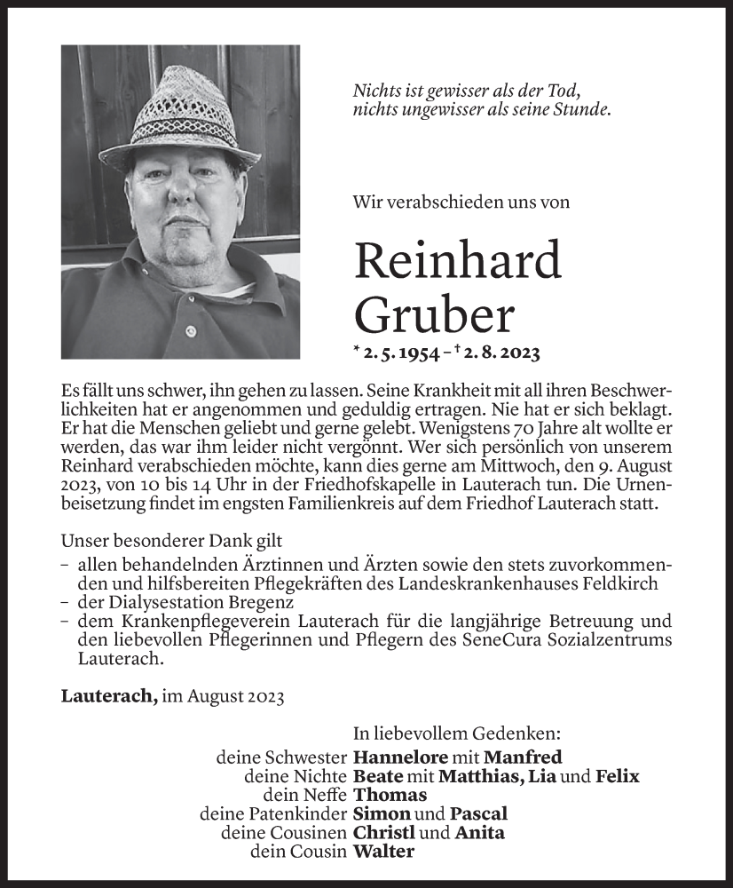  Todesanzeige für Reinhard Gruber vom 04.08.2023 aus Vorarlberger Nachrichten