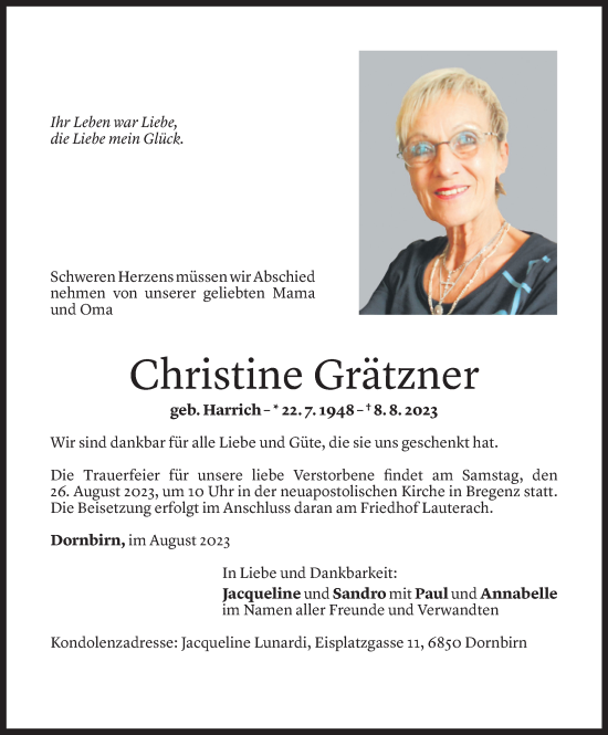 Todesanzeige von Christine Grätzner von Vorarlberger Nachrichten