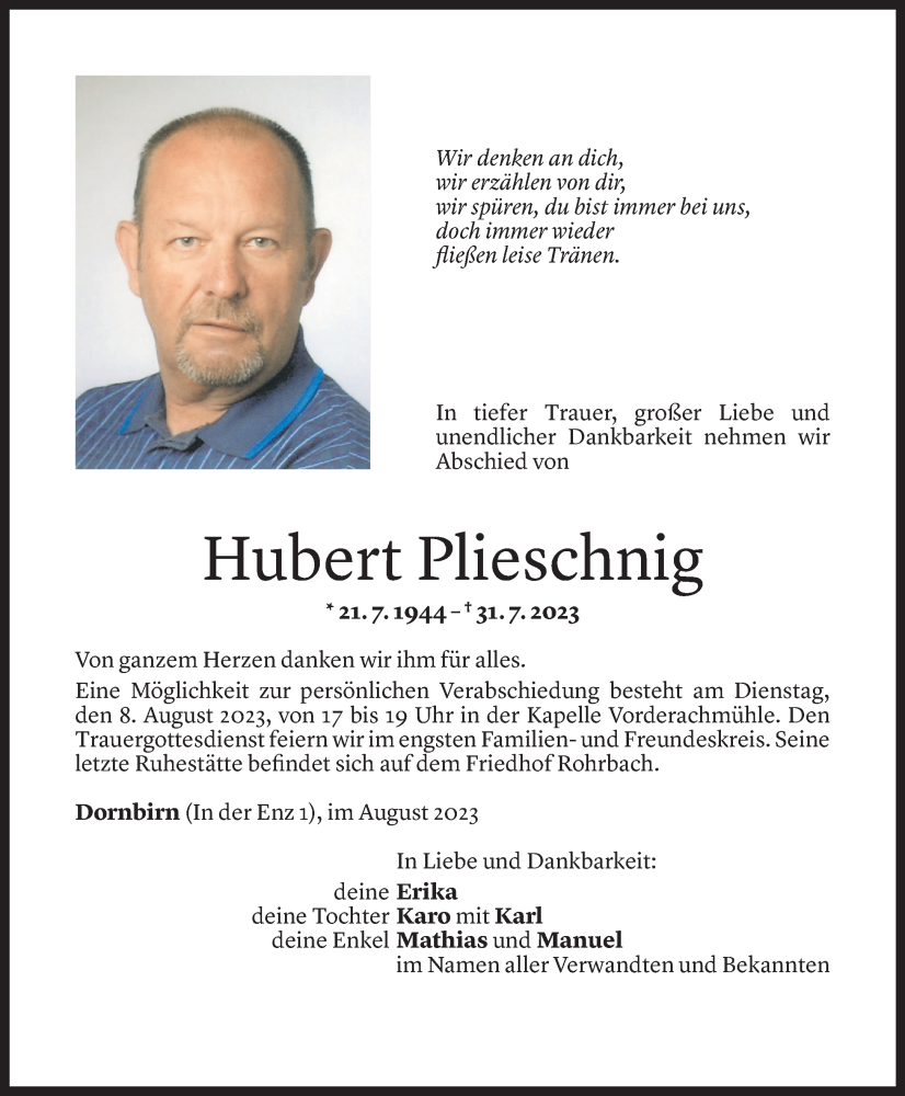 Todesanzeigen Von Hubert Plieschnig Todesanzeigen Vorarlberger