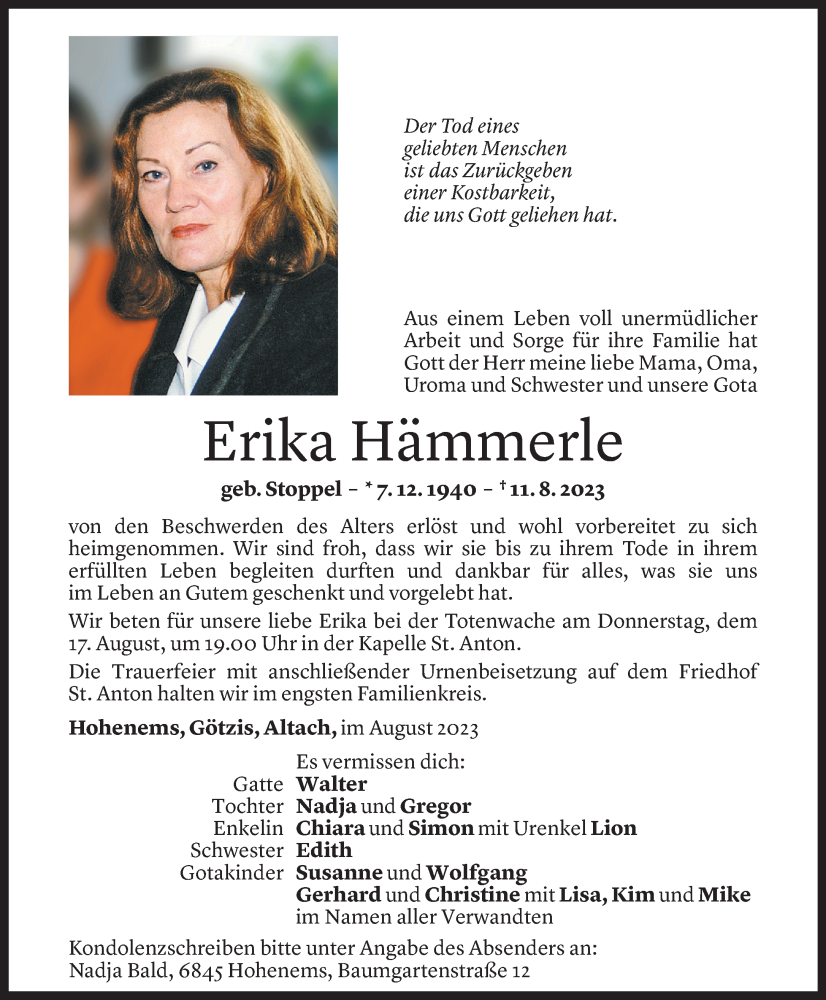  Todesanzeige für Erika Hämmerle vom 16.08.2023 aus Vorarlberger Nachrichten