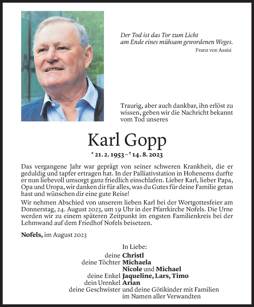  Todesanzeige für Karl Gopp vom 21.08.2023 aus Vorarlberger Nachrichten