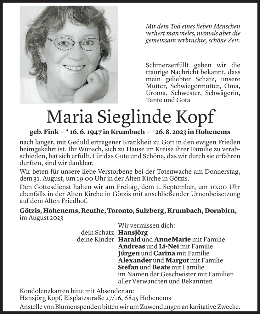  Todesanzeige für Maria Kopf vom 30.08.2023 aus Vorarlberger Nachrichten