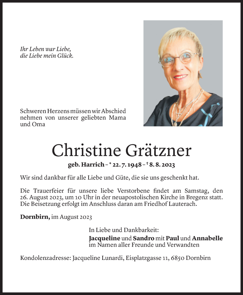  Todesanzeige für Christine Grätzner vom 19.08.2023 aus Vorarlberger Nachrichten