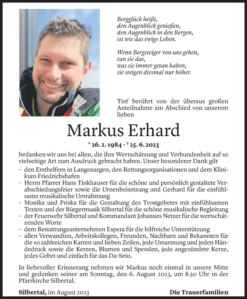  Todesanzeige für Markus Erhard vom 04.08.2023 aus Vorarlberger Nachrichten