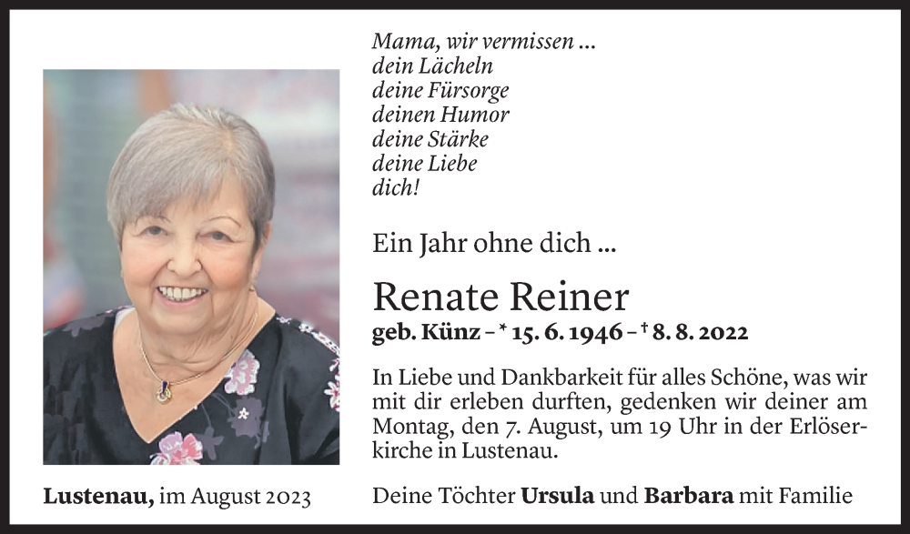  Todesanzeige für Renate Reiner vom 05.08.2023 aus Vorarlberger Nachrichten