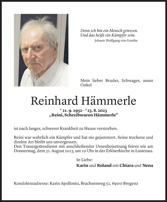 Todesanzeige von Reinhard Hämmerle von Vorarlberger Nachrichten