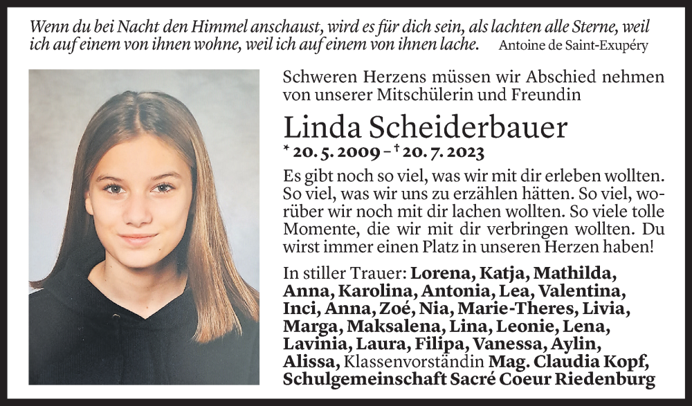  Todesanzeige für Linda Scheiderbauer vom 09.08.2023 aus Vorarlberger Nachrichten