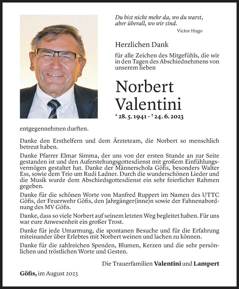  Todesanzeige für Norbert Valentini vom 09.08.2023 aus Vorarlberger Nachrichten
